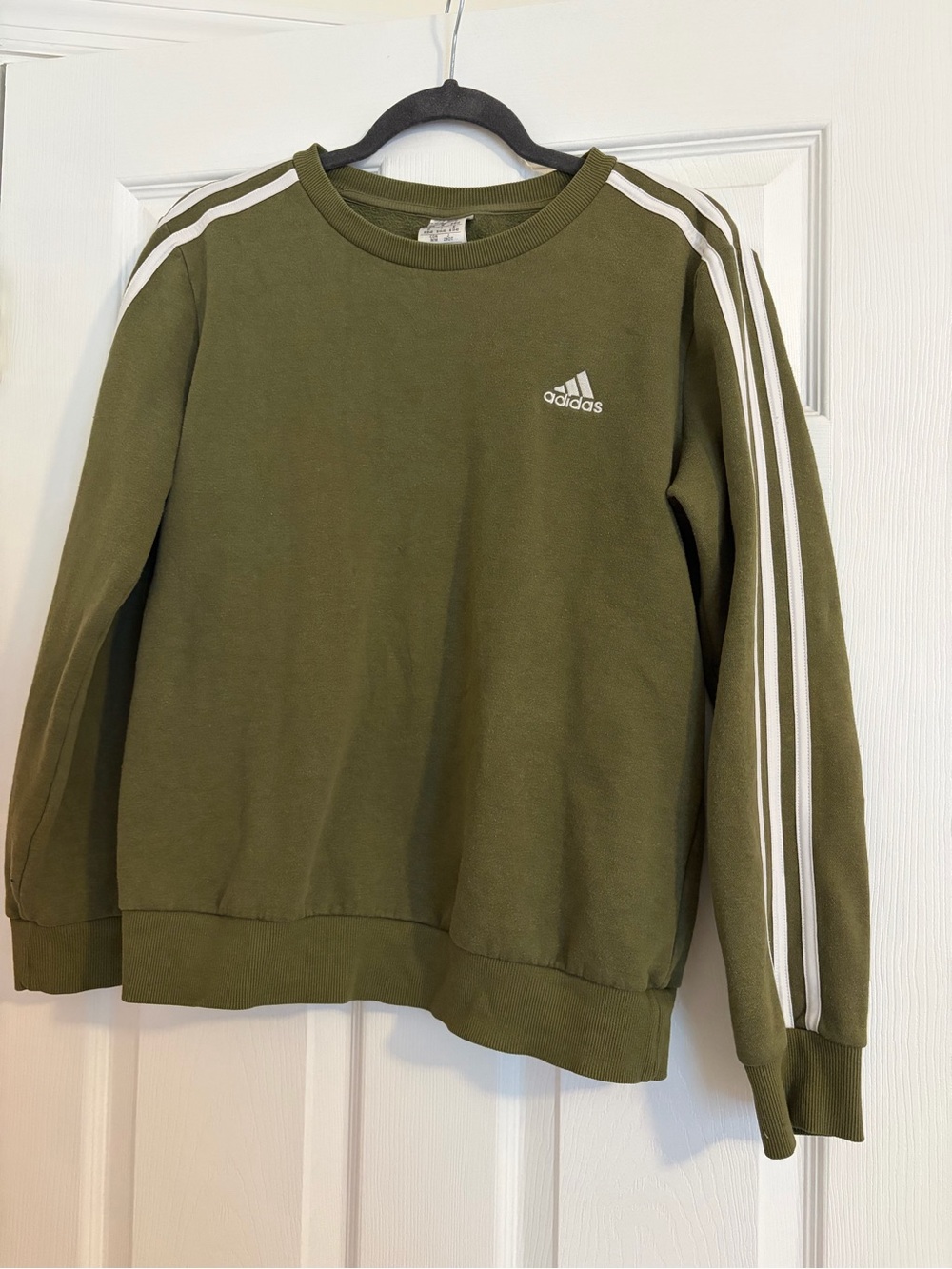 Sporty Casual Adidas Olive Green Crewneck Sweatshirt with White Shoulder Stripes